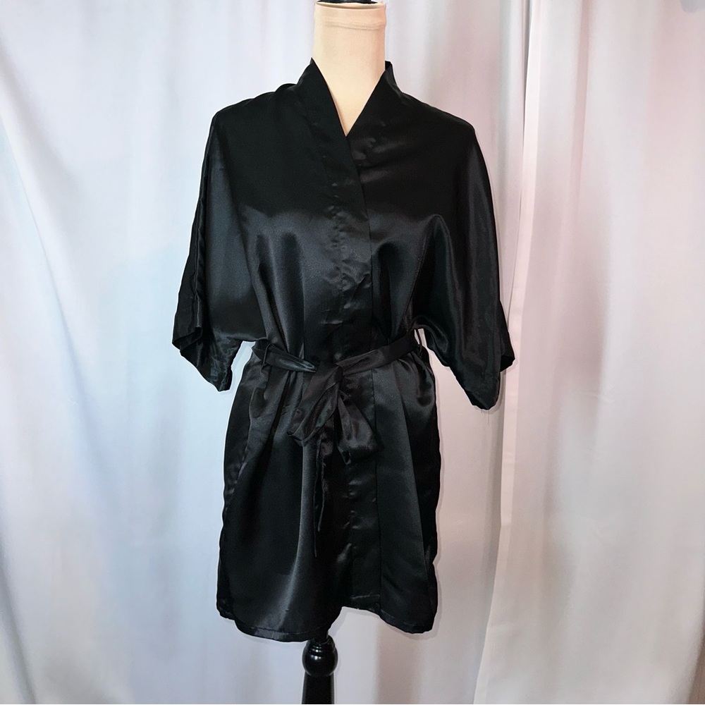 Vtg Fredericks of Hollywood Black Satin Short Robe Kimono Lingerie Sz S *READ